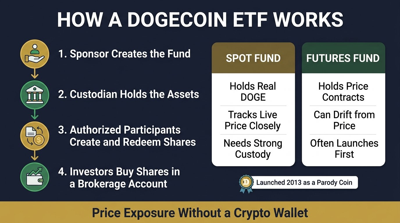 Diagram of how a Dogecoin ETF works with a sponsor, custodian, authorized participants, and spot vs futures funds