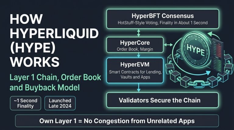 How Hyperliquid (HYPE) Works: Its Layer 1 Chain, Order Book, and Buyback Model How Hyperliquid HYPE works concept showing a HYPE token at the center of a Layer 1 blockchain with an order book and buyback loop