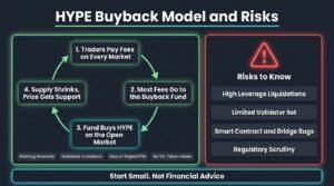 How Hyperliquid HYPE works through a fee-funded buyback loop, staking rewards and risks like leverage and validator concentration