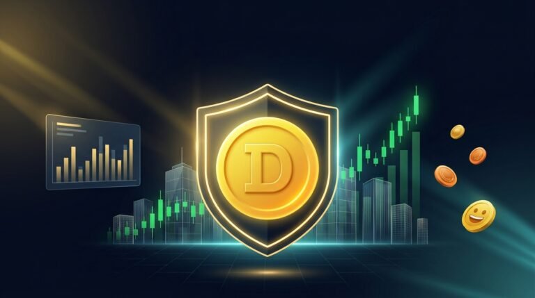 Dogecoin (DOGE) ETF Explained: What It Means for the Future of Meme Coins Golden coin inside a stock market fund shield showing what a Dogecoin ETF means for meme coins