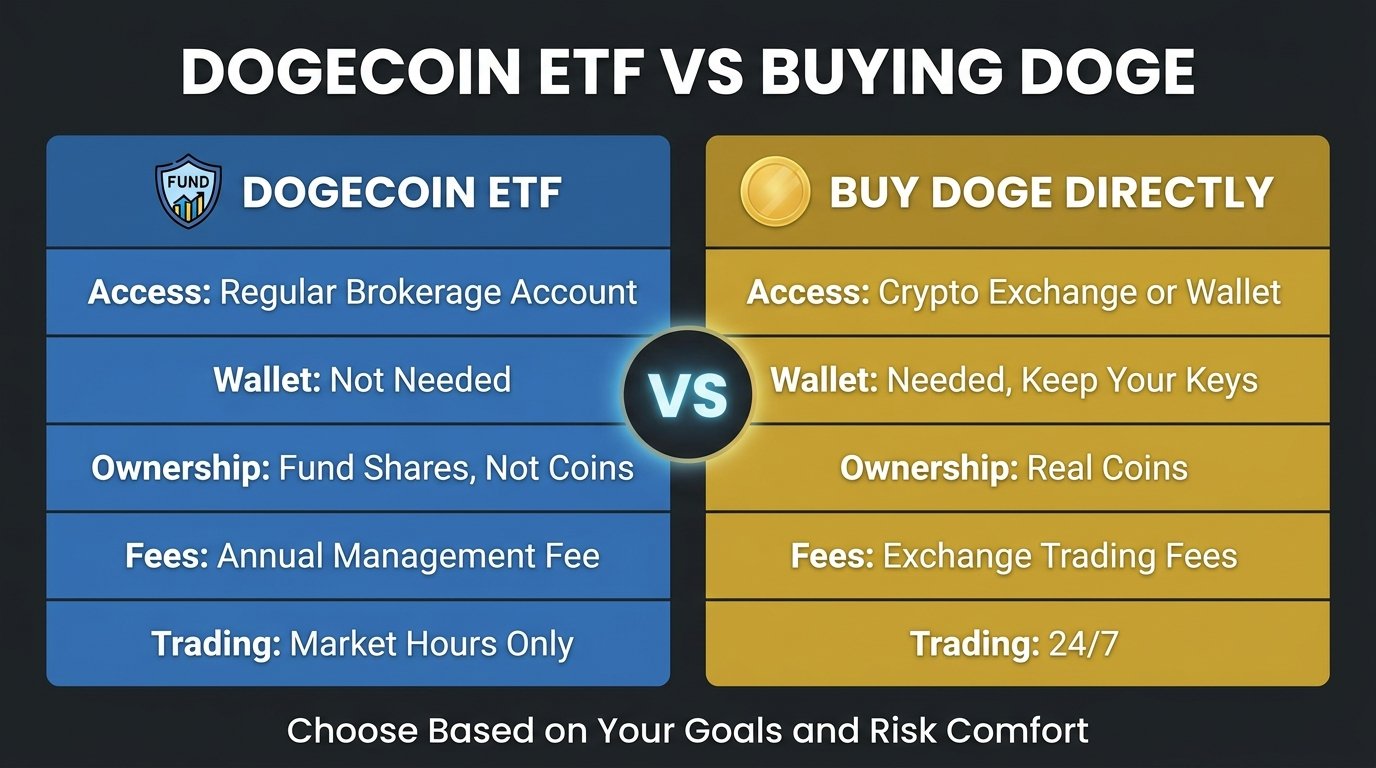 Comparison infographic of a Dogecoin ETF vs buying DOGE directly covering ownership, fees, access, and risks