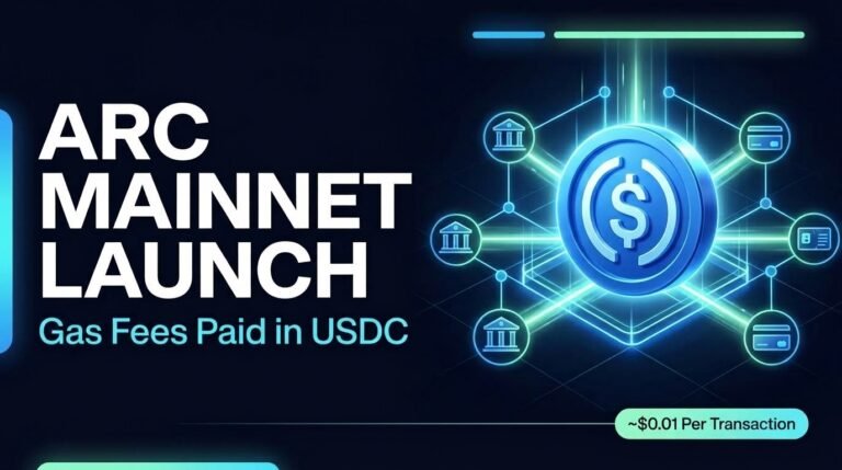 Arc mainnet launch concept with a glowing blue USDC coin at the center of a blockchain network connected to banks and payment cards