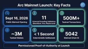 Arc mainnet launch key facts infographic showing 11 founding validators, sub-second settlement and chain ID 5042