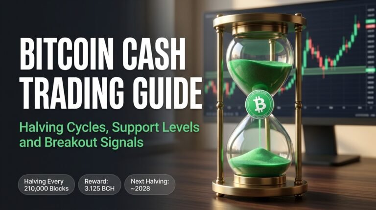Bitcoin Cash (BCH) Trading Guide: Halving Cycles, Support Levels, and Breakout Signals Bitcoin Cash trading guide concept with an hourglass of green sand and a BCH coin representing halving cycles