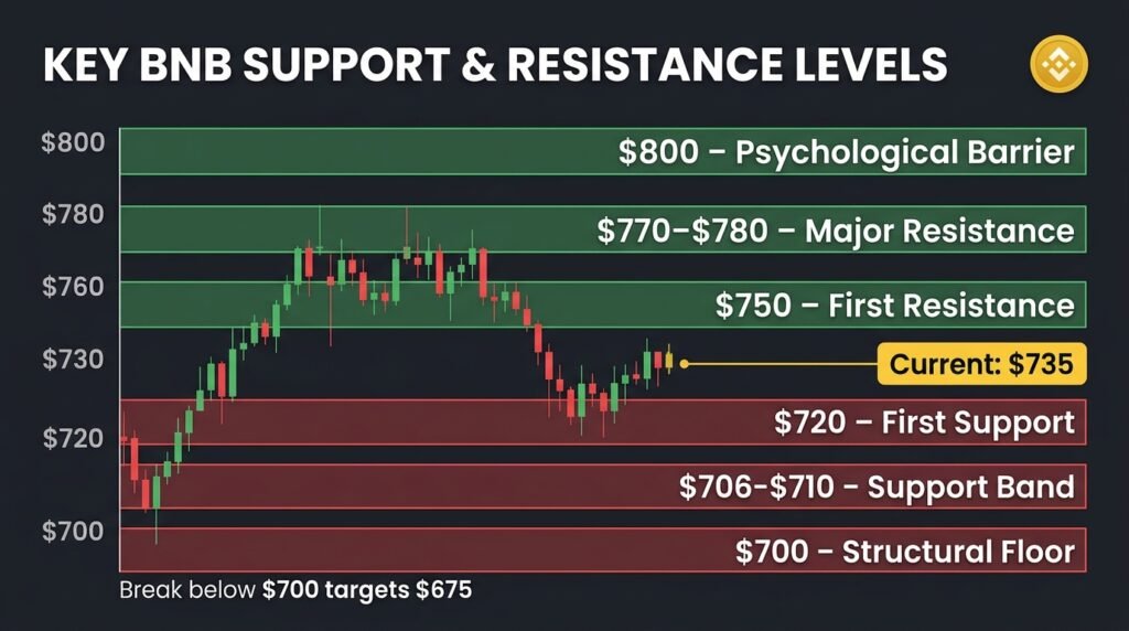 Infographic chart showing BNB support levels at $720, $706 and $700 and resistance levels at $750, $770 and $800