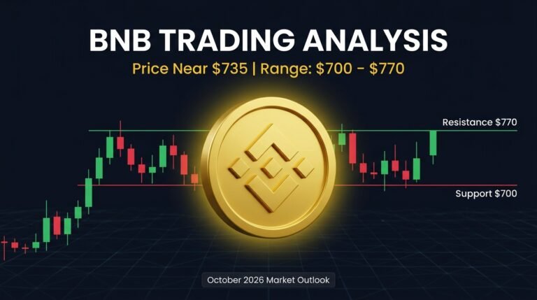 BNB (BNB) Trading Analysis: Key Levels, Volume Trends, and Short-Term Scenarios BNB coin on a dark trading chart showing the $735 price with support at $700 and resistance at $770