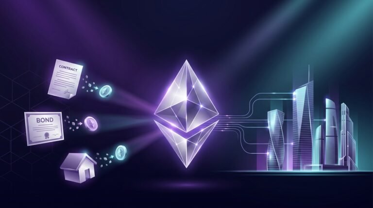 Ethereum (ETH) Future Scope: Why Smart Contracts Could Power Wall Street’s Next Era Glowing diamond-shaped network connecting smart contracts to Wall Street towers showing the Ethereum future scope