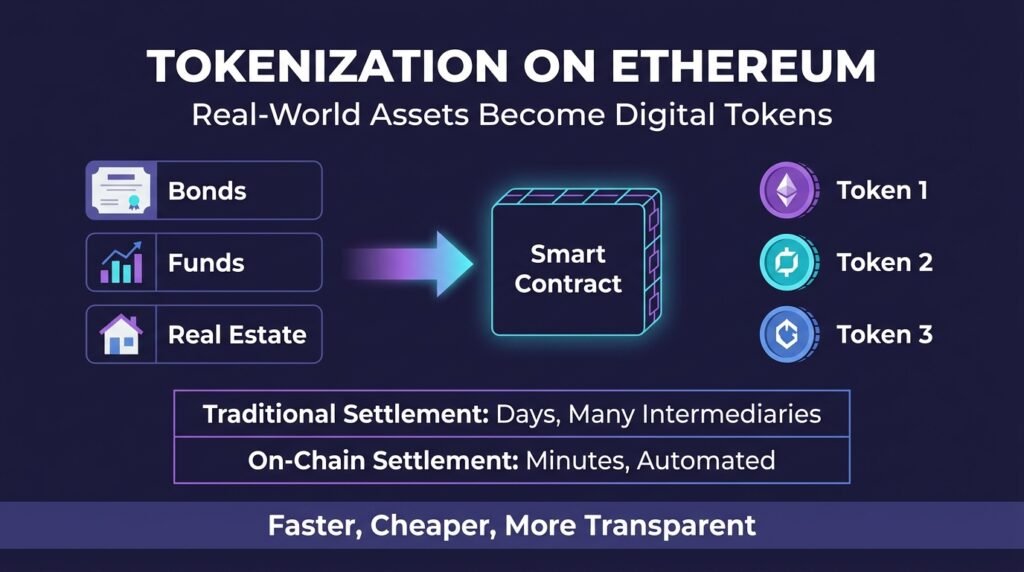 Diagram showing how tokenization of bonds, funds, and property supports the Ethereum future scope