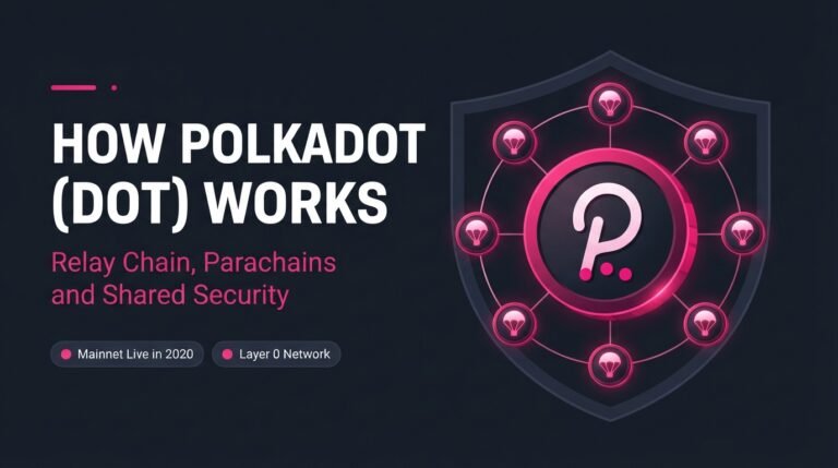 How Polkadot (DOT) Works: Relay Chain, Parachains, and Shared Security Explained How Polkadot DOT works concept with a DOT coin at the center of a Relay Chain connected to parachains with a shared security shield