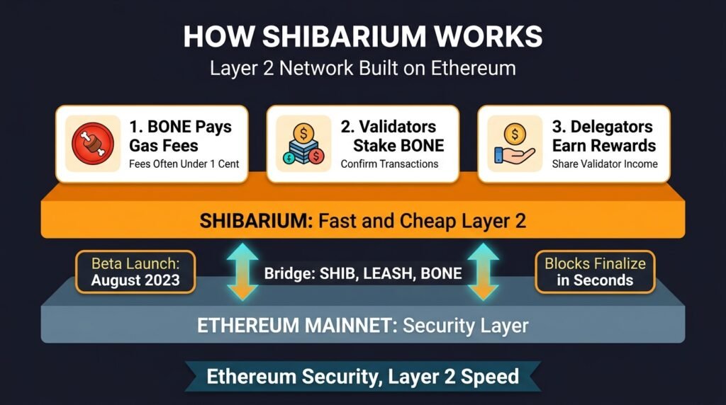 Diagram showing how Shibarium works with BONE gas fees, validators, delegators, and the Ethereum bridge