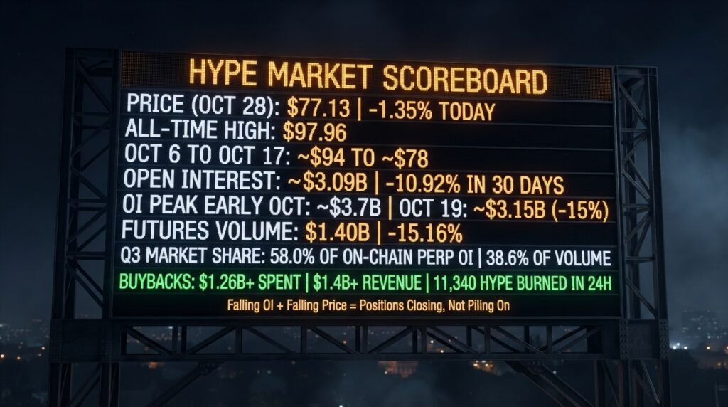 Hyperliquid trading analysis scoreboard showing HYPE at $77.13, open interest near $3.09 billion and 58 percent perp market share