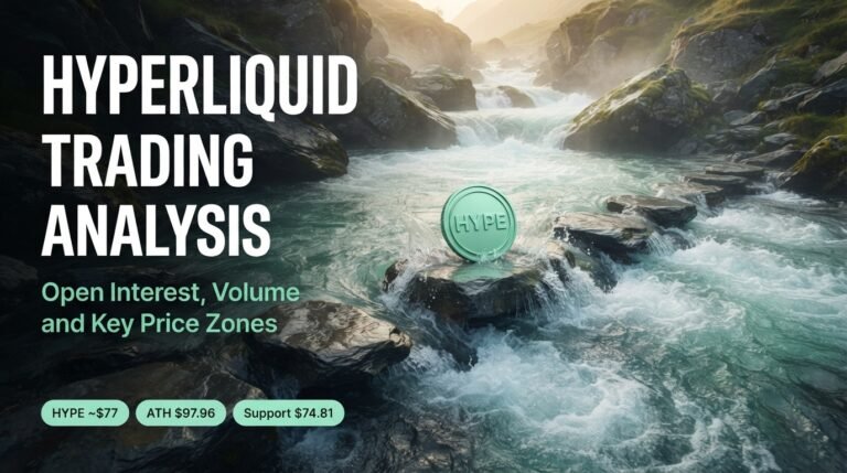 Hyperliquid (HYPE) Trading Analysis: Open Interest, Volume, and Key Price Zones Hyperliquid trading analysis concept with a HYPE coin on a stepping stone crossing a rushing river