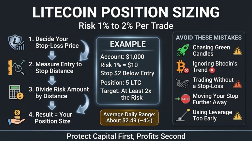 Infographic of Litecoin position sizing with a $1,000 account example and risk rules from a Litecoin trading guide