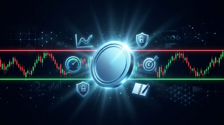 Litecoin (LTC) Trading Guide 2026: Strategies, Key Levels, and Risk Management Silver-blue coin on a trading chart with support and resistance lines in a Litecoin trading guide for 2026