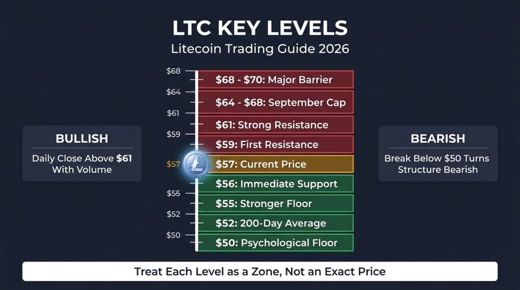 Price ladder of LTC support and resistance levels from $50 to $70 in a Litecoin trading guide