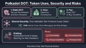How Polkadot DOT works through staking, OpenGov governance, shared security and XCM messaging, with key risks listed