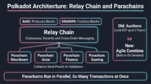How Polkadot DOT works with a Relay Chain using BABE and GRANDPA, parachains and Agile Coretime replacing auctions