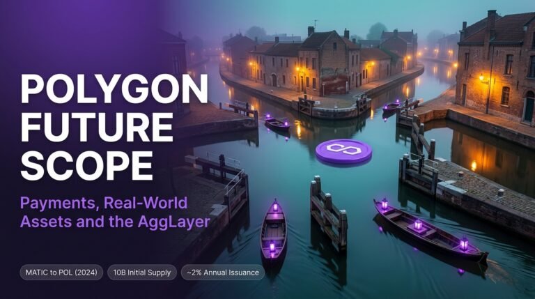 Polygon (POL) Future Scope: Payments, Real-World Assets, and Ethereum Scaling Polygon future scope concept with a violet POL coin at a canal junction where boats pass between connected lock gates