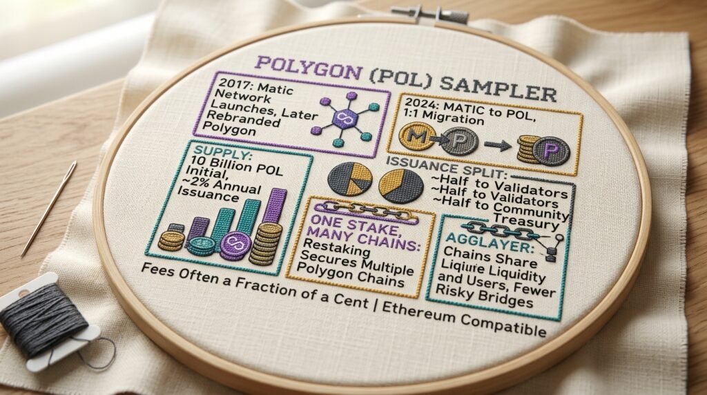 Polygon future scope embroidered sampler showing the 2024 MATIC to POL migration, 10 billion supply and about 2 percent issuance