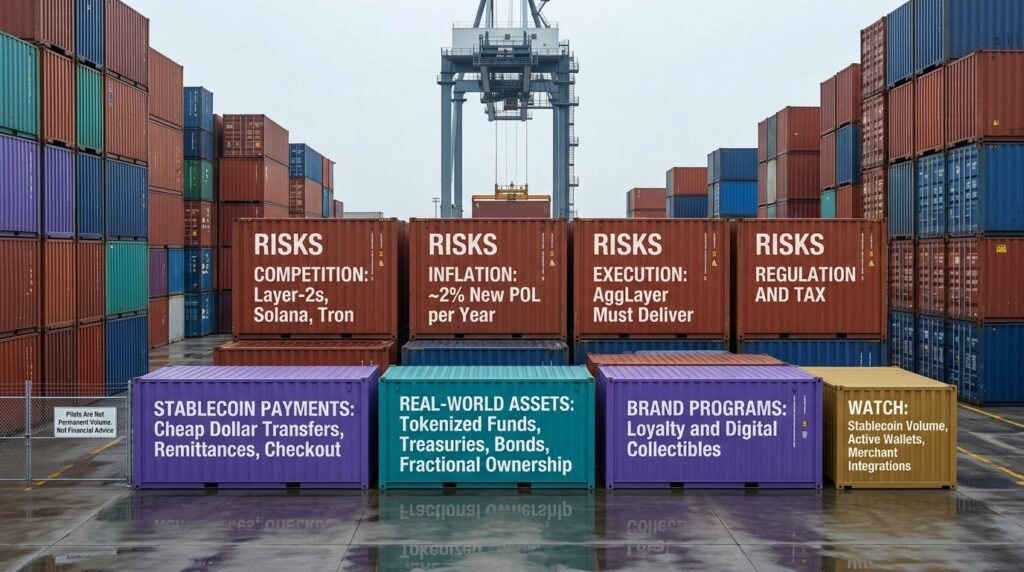 Polygon future scope shipping containers showing stablecoin payments, tokenized real-world assets and risks like competition and token inflation