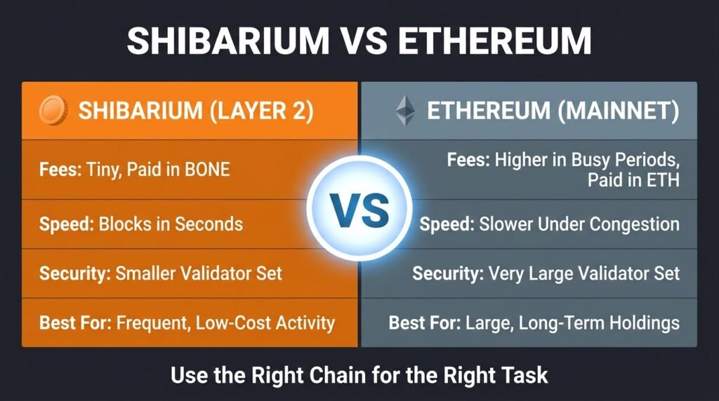 Comparison infographic of Shibarium vs Ethereum mainnet covering fees, speed, security, and best use