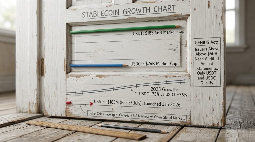 Tether future scope growth chart comparing USDT at $183.46 billion, USDC at $74 billion and USAT at $185 million