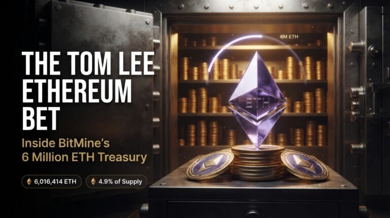 Tom Lee’s Ethereum (ETH) Bet: Why the Fundstrat Co-Founder Stays Bullish and What It Means for Price Tom Lee Ethereum bet concept with a large Ethereum crystal on gold ETH coins inside an open bank vault