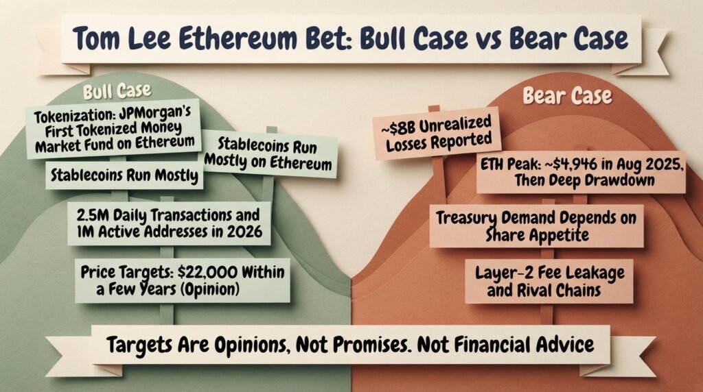 Tom Lee Ethereum bet paper-cut comparison of bull case points like tokenization and the $22,000 target against bear case risks