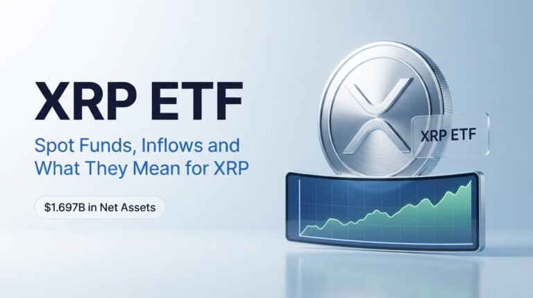 XRP ETF Explained: What Spot Approval Could Mean for Demand and Price XRP ETF concept with a large silver XRP coin rising from a stock ticker screen with a green chart