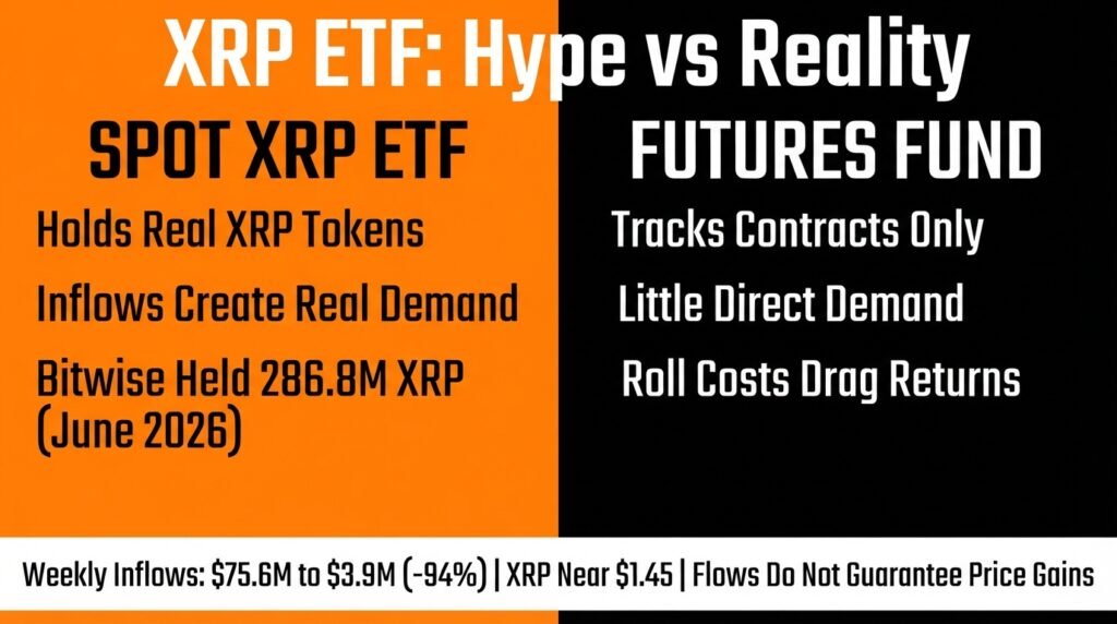 XRP ETF comparison of spot funds holding real tokens versus futures funds, with weekly inflows falling 94 percent